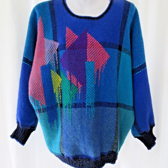 WOVEN WOOLIES Sweater Hand Woven Pullover 100% Wool Teal Blue Wendy Vecchio Sz L - Picture 1 of 5